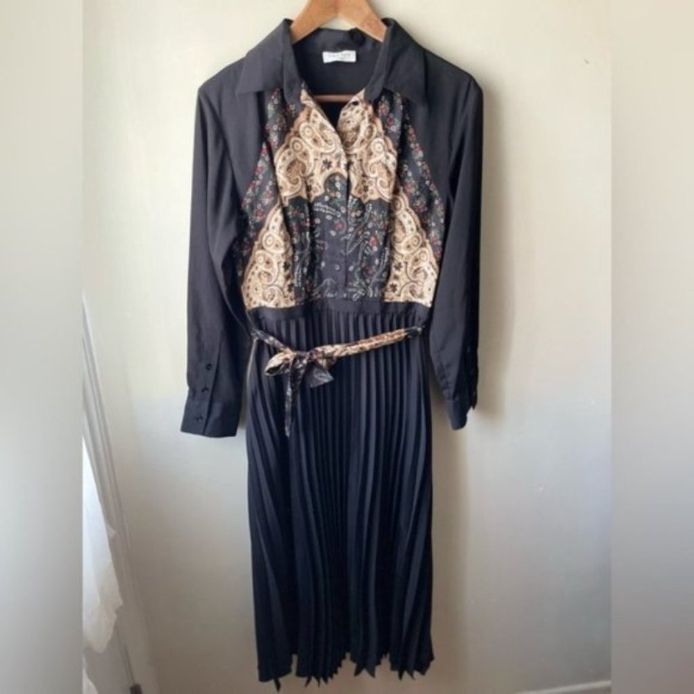 Sandro Black Pleated Midi Dress with Embroidered Panel - Picture 4 of 16